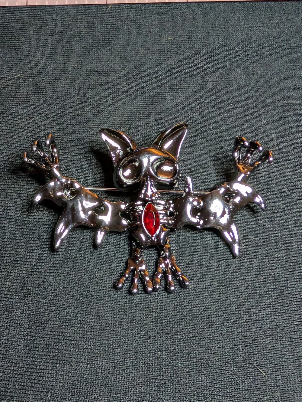 Bat Brooch Pin with Red Accent